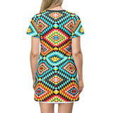 Colorful Tribal Geometric T-Shirt Dress — Vibrant Aztec AOP Pattern