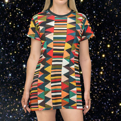 Tribal Geo Print T‑Shirt Dress — Colorful Aztec Pattern AOP