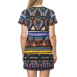 Tribal Geo Print T‑Shirt Dress — Colorful Aztec All‑Over Pattern