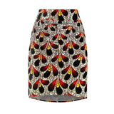 Peacock Feather Print Pencil Skirt — Red & Black Abstract AOP