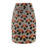 Peacock Feather Print Pencil Skirt — Red & Black Abstract AOP
