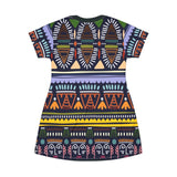 Tribal Geo Print T‑Shirt Dress — Colorful Aztec All‑Over Pattern