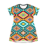 Colorful Tribal Geometric T-Shirt Dress — Vibrant Aztec AOP Pattern