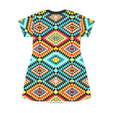Colorful Tribal Geometric T-Shirt Dress — Vibrant Aztec AOP Pattern