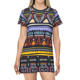 Tribal Geo Print T‑Shirt Dress — Colorful Aztec All‑Over Pattern