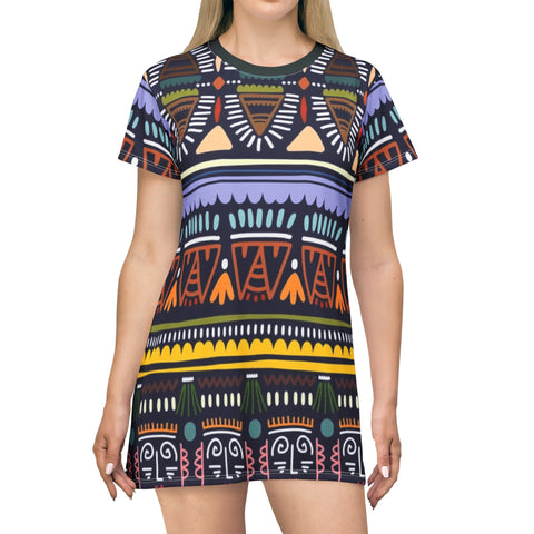 Tribal Geo Print T‑Shirt Dress — Colorful Aztec All‑Over Pattern