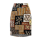 Tribal Geo Patchwork Pencil Skirt — Bold Earth-Tone Aztec Print