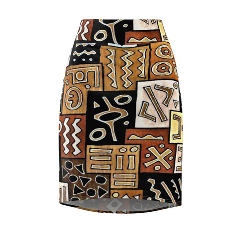 Tribal Geo Patchwork Pencil Skirt — Bold Earth-Tone Aztec Print