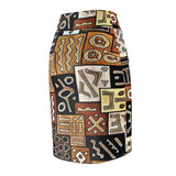 Tribal Geo Patchwork Pencil Skirt — Bold Earth-Tone Aztec Print