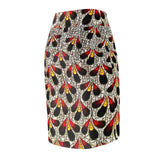 Peacock Feather Print Pencil Skirt — Red & Black Abstract AOP