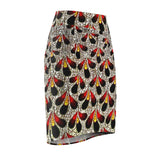 Peacock Feather Print Pencil Skirt — Red & Black Abstract AOP