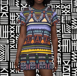 Tribal Geo Print T‑Shirt Dress — Colorful Aztec All‑Over Pattern