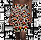 Peacock Feather Print Pencil Skirt — Red & Black Abstract AOP
