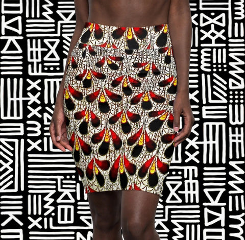 Peacock Feather Print Pencil Skirt — Red & Black Abstract AOP