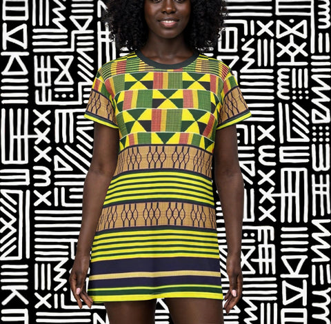 African Kente Pattern T-Shirt Dress – $42.99
