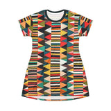 Tribal Geo Print T‑Shirt Dress — Colorful Aztec Pattern AOP