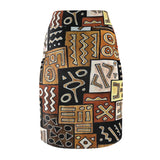 Tribal Geo Patchwork Pencil Skirt — Bold Earth-Tone Aztec Print