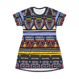 Tribal Geo Print T‑Shirt Dress — Colorful Aztec All‑Over Pattern