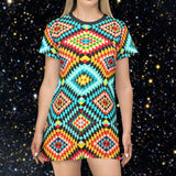 Colorful Tribal Geometric T-Shirt Dress — Vibrant Aztec AOP Pattern