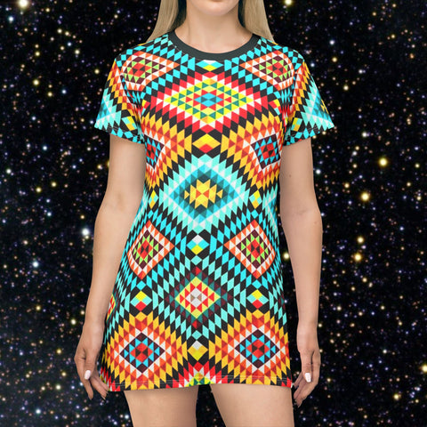 Colorful Tribal Geometric T-Shirt Dress — Vibrant Aztec AOP Pattern